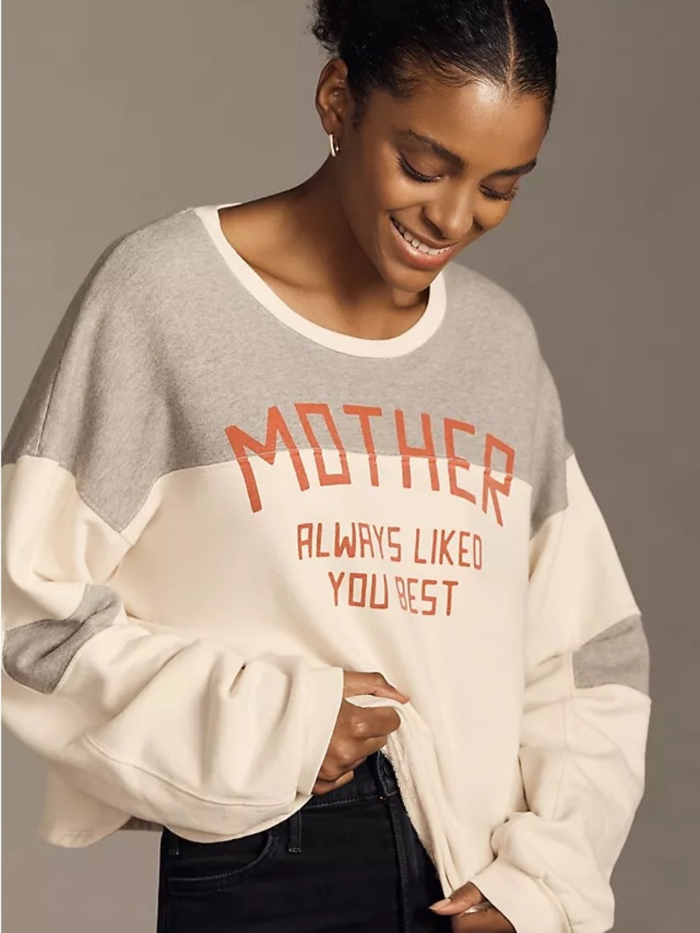 MOTHER Cream & Gray Colorblock Sweatshirt with Rust Graphic large